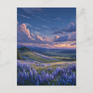 Cartão Postal Crepúsculo Estrelado Sobre o Prado de Lupino Roxo