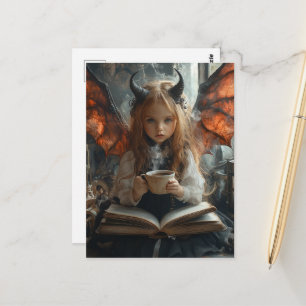 Cartão Postal Criança Anjo Negro Com Café e um Livro
