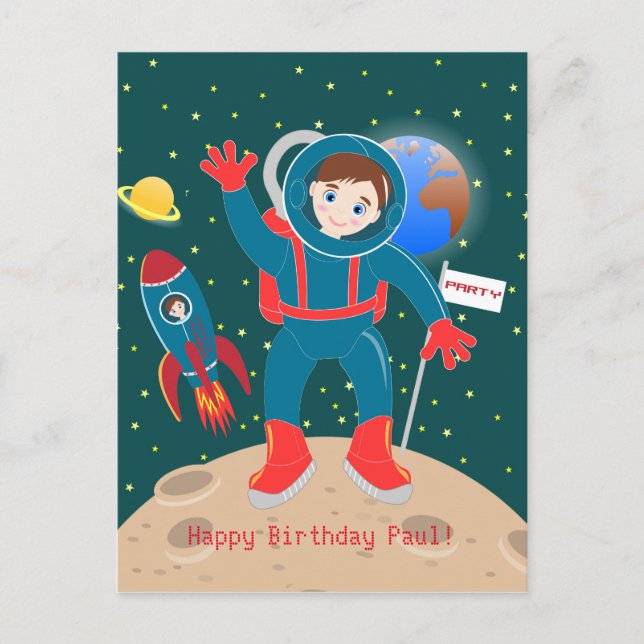 Cartão Postal Criança astronauta na festa de aniversário da lua (Frente)