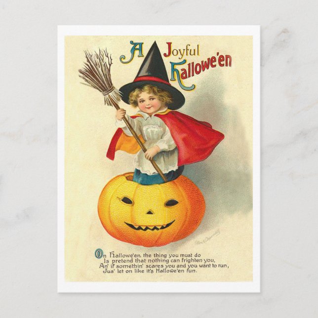 Cartão Postal Criança com fantasia de bruxa com abóbora esculpid (Frente)