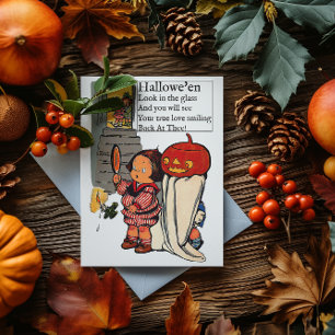 Cartão Postal Criança de Halloween Antiga e Fantasma de Abóbora