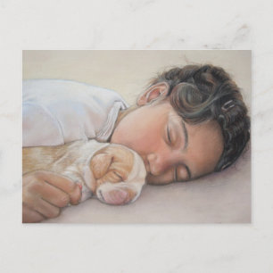 Cartão Postal criança dormindo beagle fofo cachorrinho