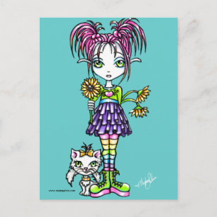 Cartão Postal Criança Flor "Daisy" Fofa e Postcard do Gatinho