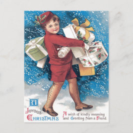 Cartão Postal Criança Fofa Carregando Presentes Holly Snow