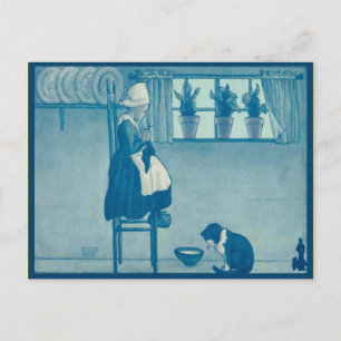 Cartão Postal Criança holandesa do vintage que faz malha em cas