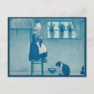 Cartão Postal Criança holandesa do vintage que faz malha em casa