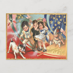Cartão Postal Criança: US Flag Dog Fireworks