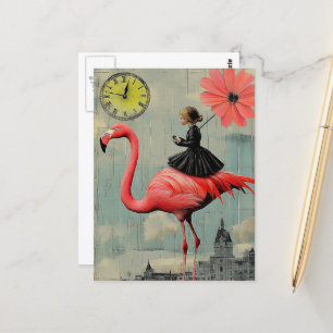 Cartão Postal Criança: Vestido Negro Dirige Flamingo Rosa