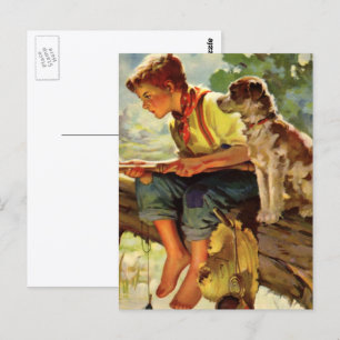 Cartão Postal Criança Vintage, Garoto pescando com seu Cachorro