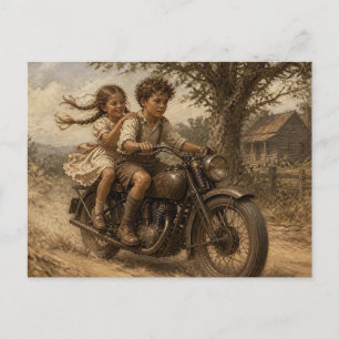 Cartão Postal Crianças ao Estilo Vintage Andando de Motocicleta