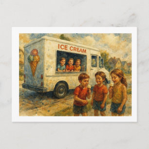 Cartão Postal Crianças Aproveitando Caminhão de Sorvete,