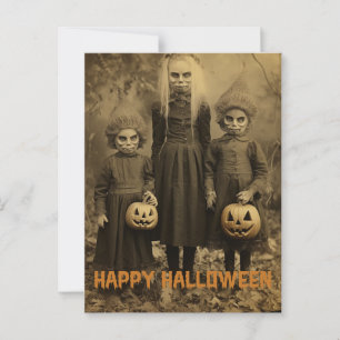Cartão Postal Crianças assustadoras de Halloween retrô com abóbo