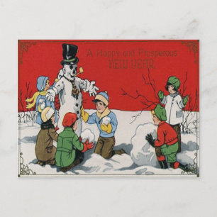 Cartão Postal Crianças Boneco de Neve Inverno Neve