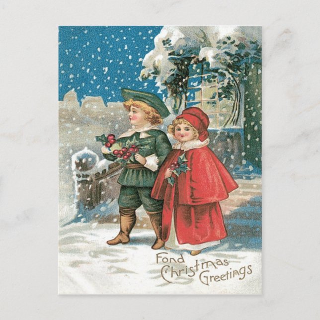 Cartão Postal Crianças Bonitas Holly Cottage Snow (Frente)