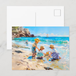 Cartão Postal Crianças Brincando na Praia - Arte Impressionista