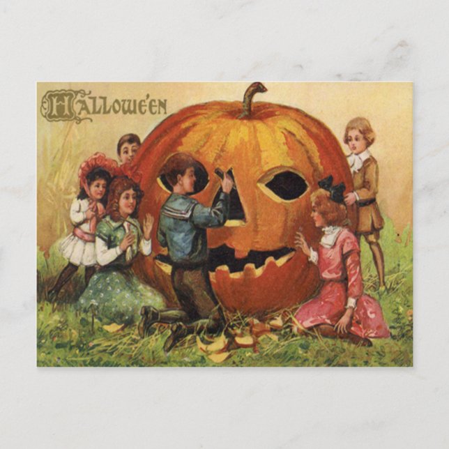 Cartão Postal Crianças Carrando Jack O Lanterna Pumpkin (Frente)