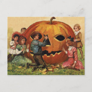 Cartão Postal Crianças Esculpindo Abóbora Jack O Lantern