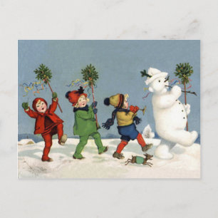 Cartão Postal Crianças felizes caminhando com boneco de neve, f
