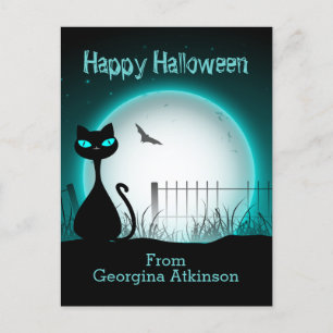 Cartão Postal Crianças Felizes Gato Negro de Halloween