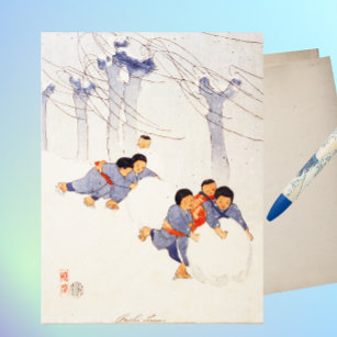 Cartão Postal Crianças japonesas rolando grandes bolas de neve