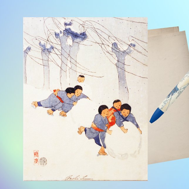 Cartão Postal Crianças japonesas rolando grandes bolas de neve (Criador carregado)