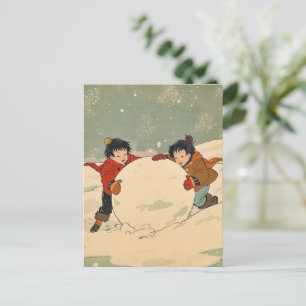 Cartão Postal Crianças japonesas rolando uma grande bola de neve