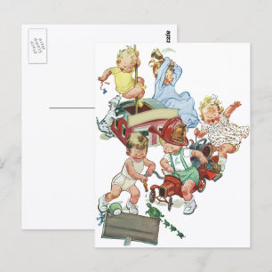 Cartão Postal Crianças Vintage Brincando com Bombeiros