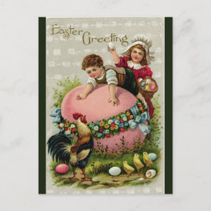 Cartão Postal Crianças Vintage com Páscoa Gigante de Ovo