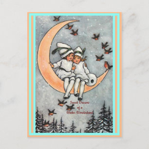 Cartão Postal Crianças-Vintage, Lua-Crescente, Aves-Neve-Inverno