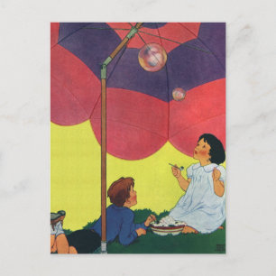 Cartão Postal Crianças Vintage soprando bolhas sob um guarda-chu