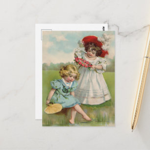 Cartão Postal Crianças Vitorianas Jardim de Verão Vintage Menina