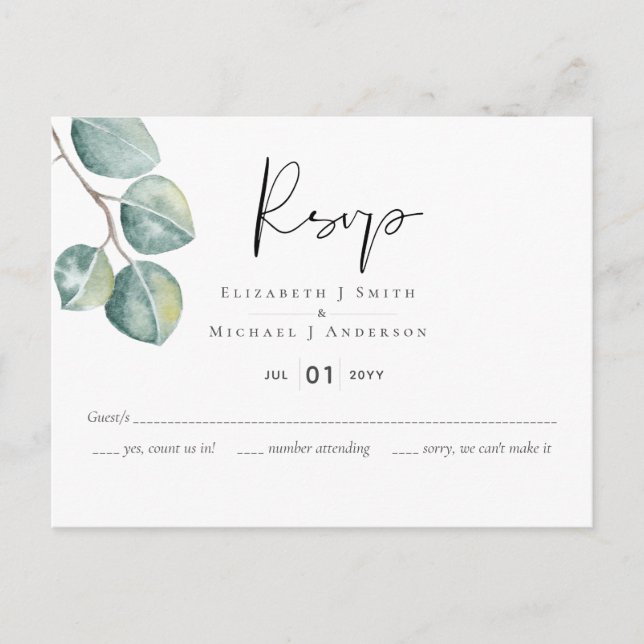 Cartão Postal Crie Seu Casamento Personalizado Eucalyptus Greene (Frente)
