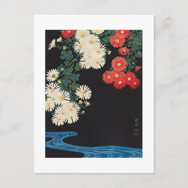 Cartão Postal Crisântemos e riacho, Koson, Ukiyo-e (Frente)