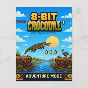 Cartão Postal Crocodilo, Arte Pixel 8-Bit Retro