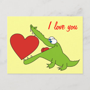 Cartão Postal Crocodilo Bonito com Cartão-Postal de Amor Cardíac