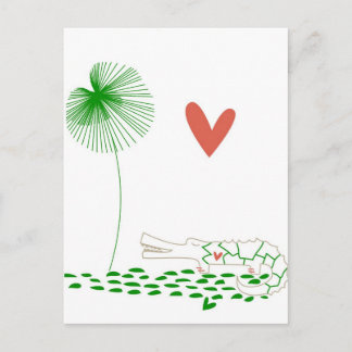 Cartão Postal Crocodilo minimalista com coração e flor verde.