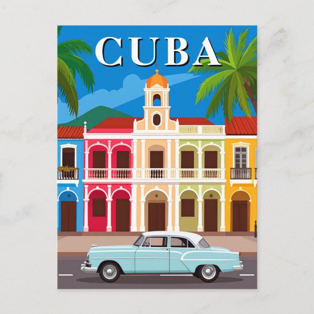 Cartão Postal Cuba: Carro Clássico Retroativo e Velho Havana Col (Frente)