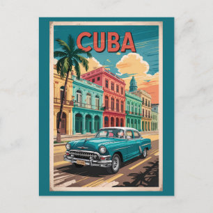 Cartão Postal Cuba Clássica Ilustração de Carro Viagem Art Vinta