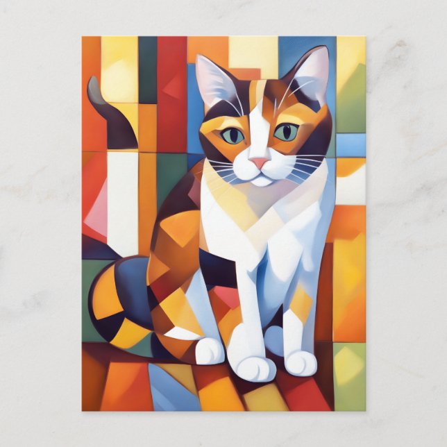 Cartão Postal Cubist Calico Cat Art (Frente)