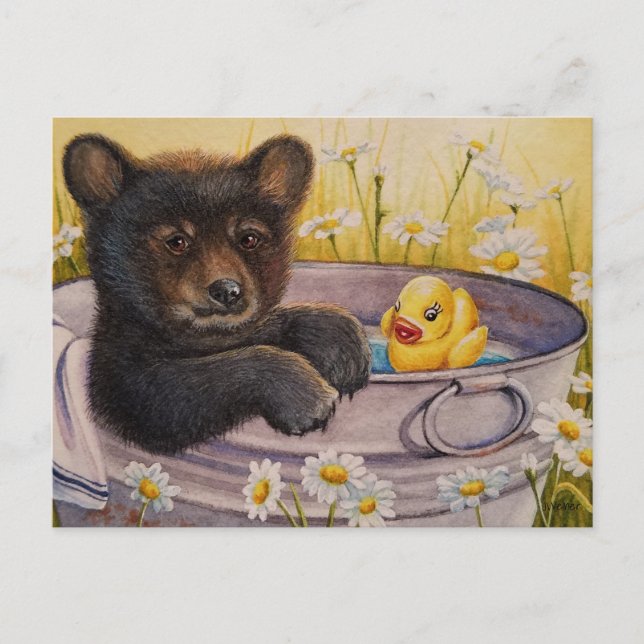 Cartão Postal Cubo de Urso Negro Banheira de Tina de Patinho Art (Frente)