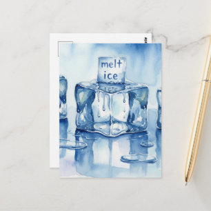 Cartão Postal Cubos de gelo derretidos tipografia aquarela poça
