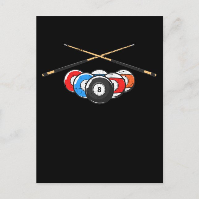 Cartão Postal Cue Bolas de Bilhar Retro Jogador de 8 Bolas (Frente)