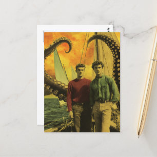 Cartão Postal Cuidado com o Kracken Vintage Men e Octopus