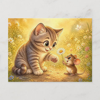 Cartão Postal Cumprimento de Amizade de Gatinho Fofo e Rato