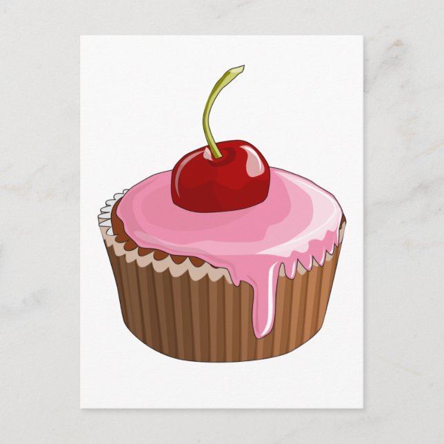 Cartão Postal Cupcake com Glacé rosa e cereja no topo (Frente)