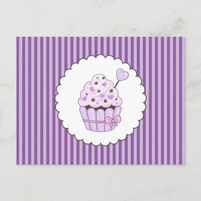 Cartão Postal Cupcake Cute Com Fundo Retirado Púrpura (Frente)