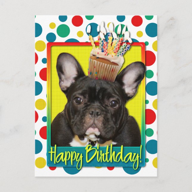Cartão Postal Cupcake de aniversário - Cão-Grande Francês - Teal (Frente)