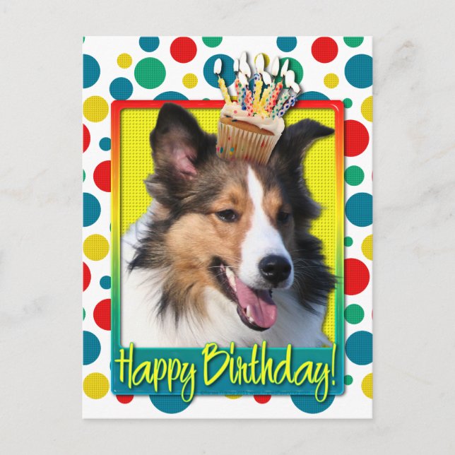 Cartão Postal Cupcake de aniversário - Sheltie (Frente)
