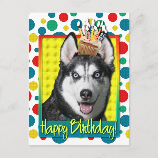 Cartão Postal Cupcake de aniversário - Siberian Husky (Frente)