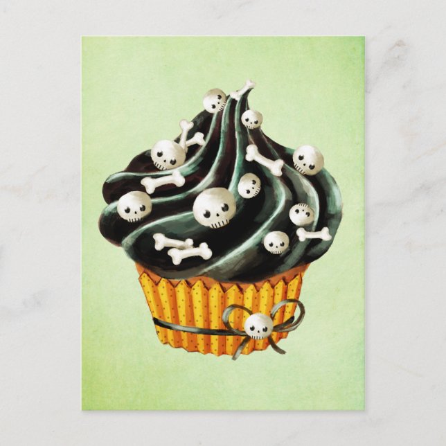 Cartão Postal Cupcake do Dia das Bruxas Negro com crânios minúsc (Frente)